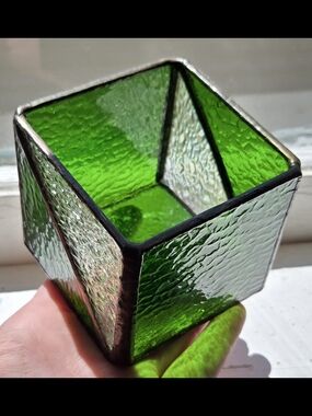 Green And Iridescent Clear Stained Glass Candle Holder, Votive